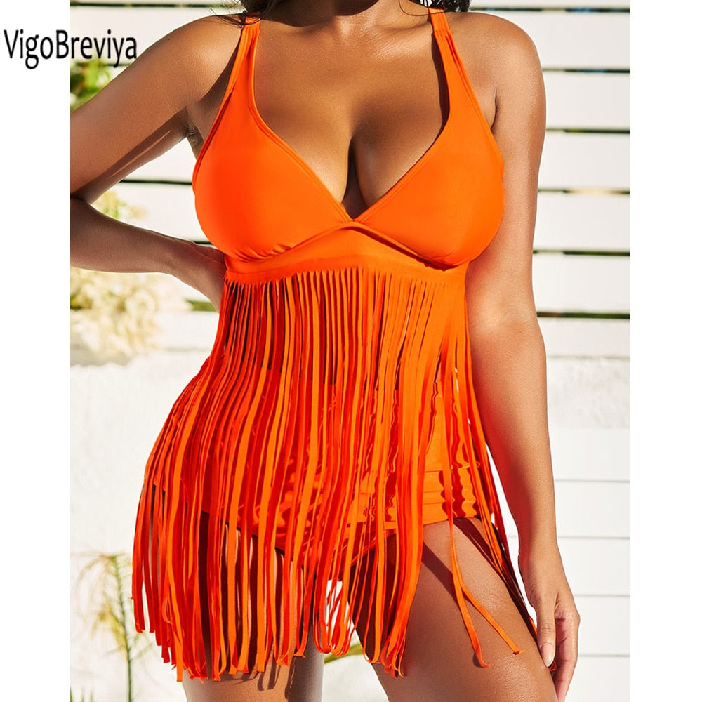 Solid V Neck Strapped Tassel Swimwear High Waist Bikini Push UP Swimsuit Summer Beack Bathing Suit The Clothing Company Sydney