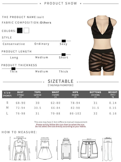 Mesh Sexy 2 Piece Set For Women Solid Patchwork Deep V-Neck Crop Tops+ Skinny High Waist See Through Shorts Outfits The Clothing Company Sydney