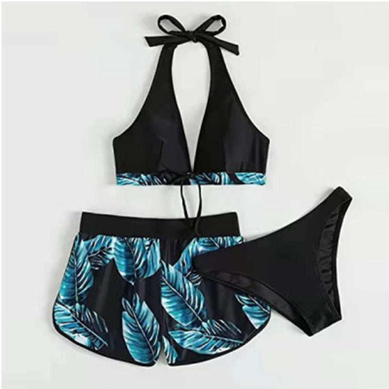 2 Piece Swimsuit Bikini Top Split High Waist  Lace Print Solid Color Halter Deep V-neck Backless Push Up Bikini Set The Clothing Company Sydney