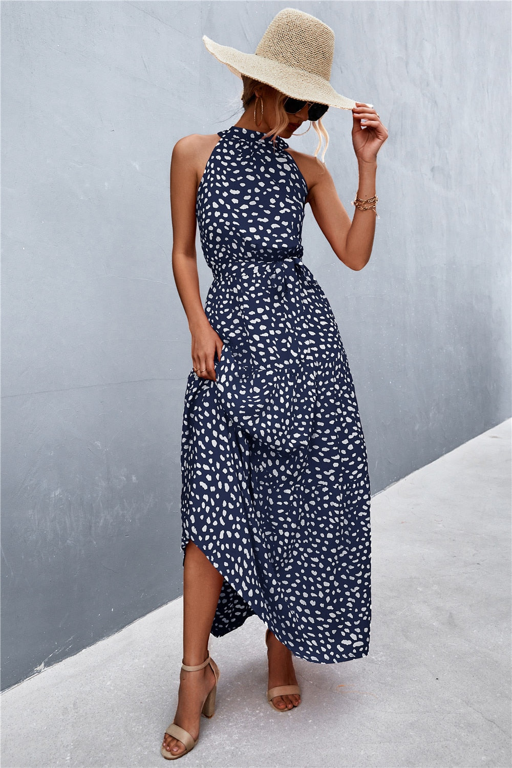 Summer Holiday Flower Printed Folds Blue Dress Beach Casual Neck-mounted Bandage Elegant Party Long Dress The Clothing Company Sydney