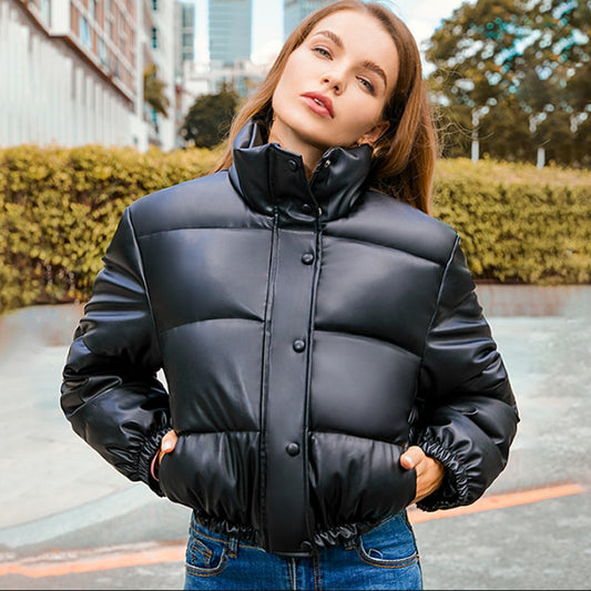 Winter Warm Thick PU Leather Coats Women's Short Parkas Fashion Black Cotton Padded Down Jacket With Elegant Zipper The Clothing Company Sydney