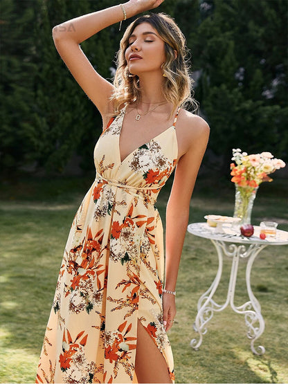 Elegant Ladies Print Spaghetti Strap Beach Holiday High Waist A-line Dress Casual Summer Split Dress The Clothing Company Sydney