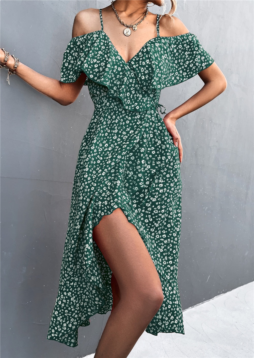 Summer Straps Midi Dress Beach Casual Party Off Shoulder Slim Ruffles Floral Print Dresses The Clothing Company Sydney