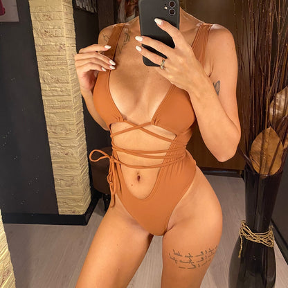 Bandage Wrap Around Tummy Cut Out Deep V Monokini One Piece Swimsuit Swimwear Bather Bathing Suit - The Clothing Company Sydney