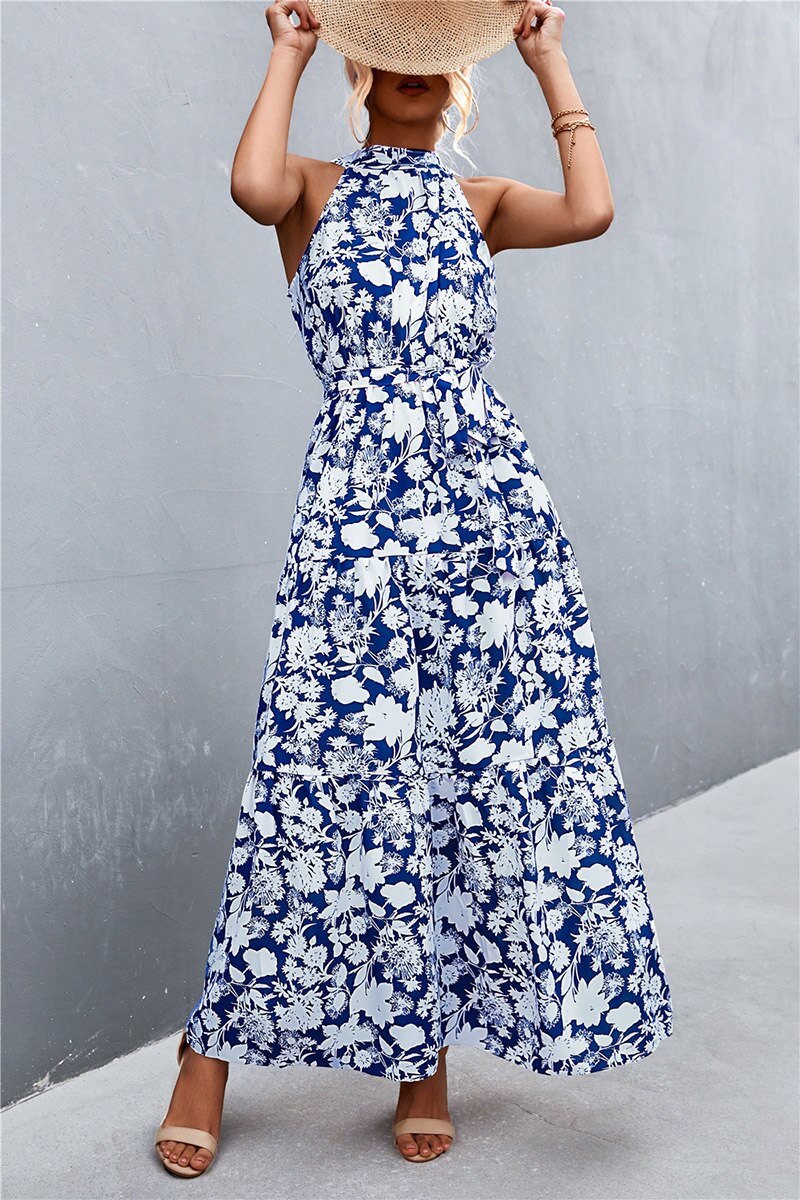 Summer Holiday Flower Printed Folds Blue Dress Beach Casual Neck-mounted Bandage Elegant Party Long Dress The Clothing Company Sydney