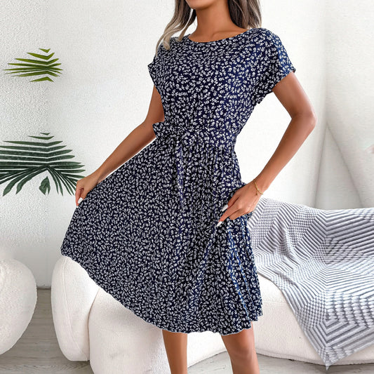 Floral Pleated A Line Long Dress Spring Summer Short Sleeve High Waist Chic Dress The Clothing Company Sydney