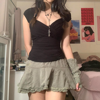 Y2K Cross Crop Top Folds Black Square Collar T Shirt Short Sleeve Square Collar Cute Chic Tee Grunge Tee Retro Top The Clothing Company Sydney