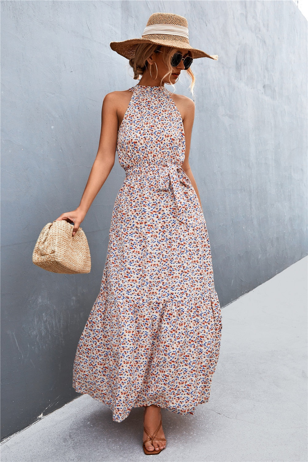 Summer Holiday Flower Printed Folds Blue Dress Beach Casual Neck-mounted Bandage Elegant Party Long Dress The Clothing Company Sydney