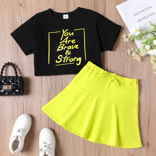 2 Piece  Kid Girl Letter Print Short-sleeve Cotton Tee and Solid Skirt Set The Clothing Company Sydney