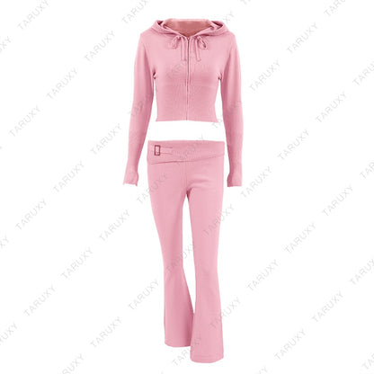 Women's Spring Outfits Casual Zipper Sweater Hoodie Set High Waist Flare Pants Suits Pink Knitted Y2k Two Piece Set The Clothing Company Sydney