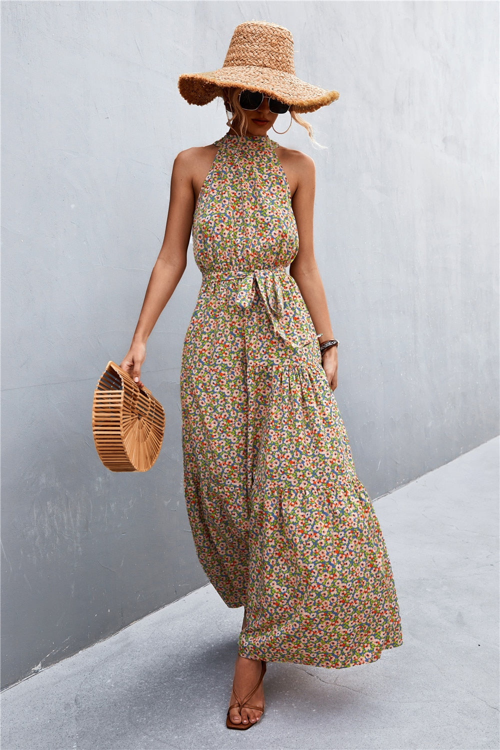 Summer Holiday Flower Printed Folds Blue Dress Beach Casual Neck-mounted Bandage Elegant Party Long Dress The Clothing Company Sydney