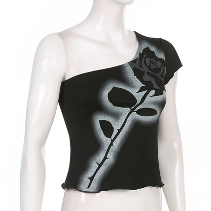 Asymmetrical Dark Academia Rose Printed Summer One Shoulder Grunge Gothic Clothes Tank Cropped Vintage Top The Clothing Company Sydney