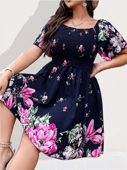 Allover Floral Print Shirred Midi Dress Plus Size Lantern Sleeve High Waist Dresses Summer Dress The Clothing Company Sydney