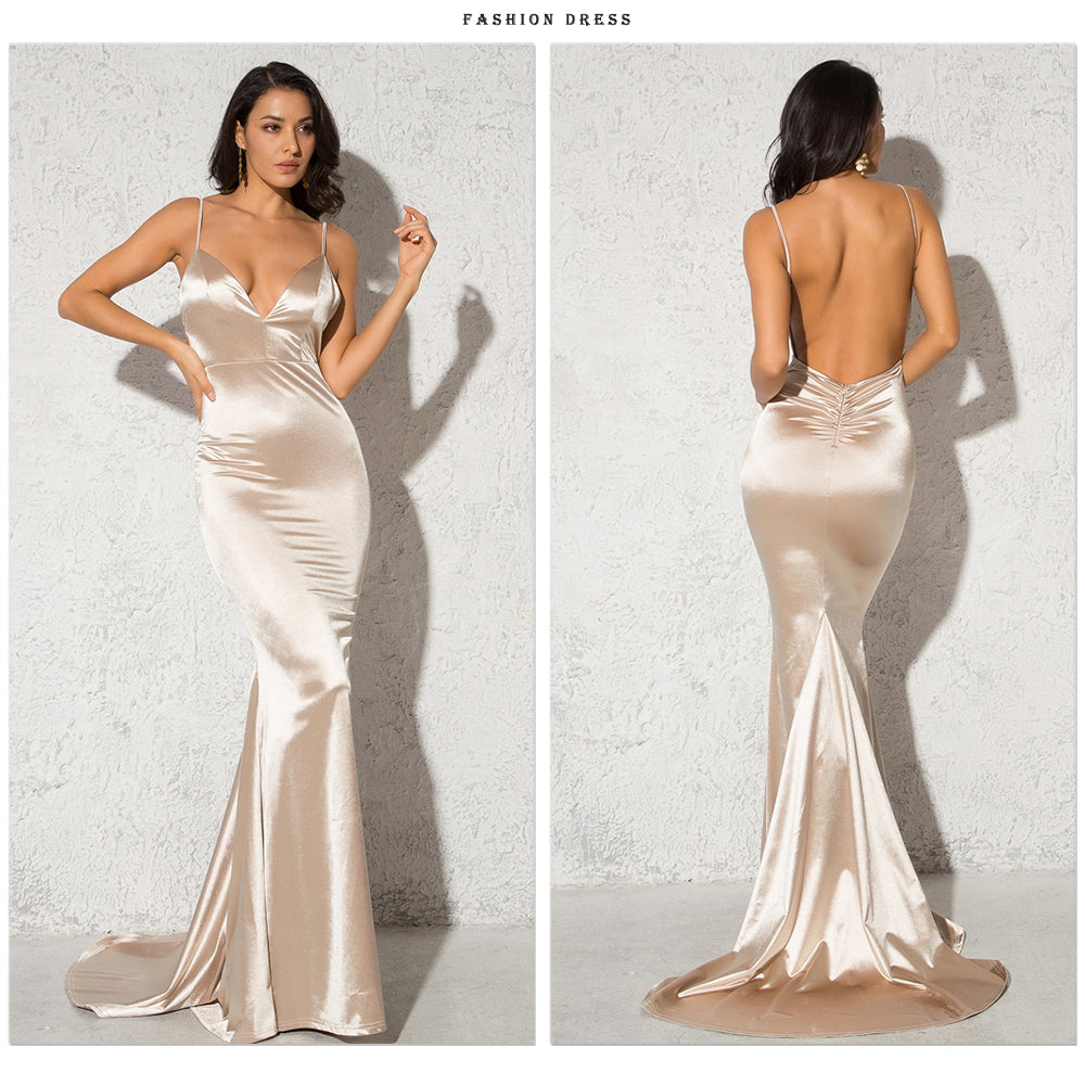 Backless Satin Evening Gown Strappy Deep V Neck Floor Length Prom Padded Stretch Formal Cocktail Wedding Party Dresses The Clothing Company Sydney