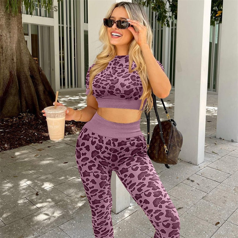 2 Piece Seamless Yoga Suit Women Fitness Suits Leopard Print Short