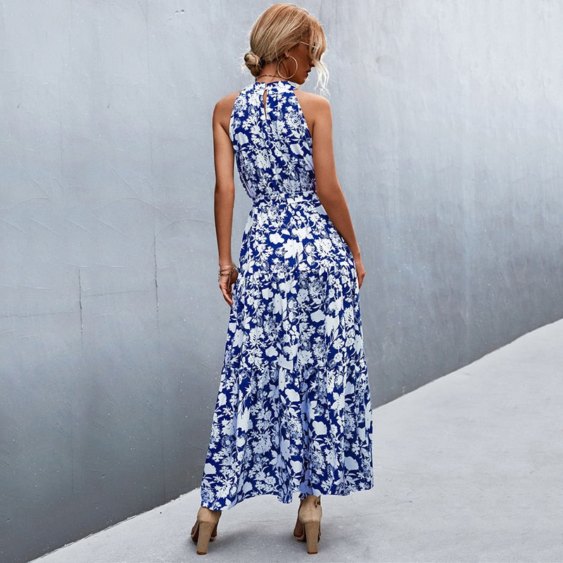 Summer Holiday Flower Printed Folds Blue Dress Beach Casual Neck-mounted Bandage Elegant Party Long Dress The Clothing Company Sydney