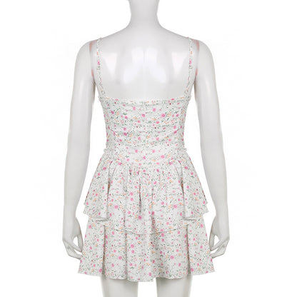 French Romantic Strap Floral Printing Summer Fashion Chic Ruffles Pleated Dress Mini Double Layer Dress The Clothing Company Sydney