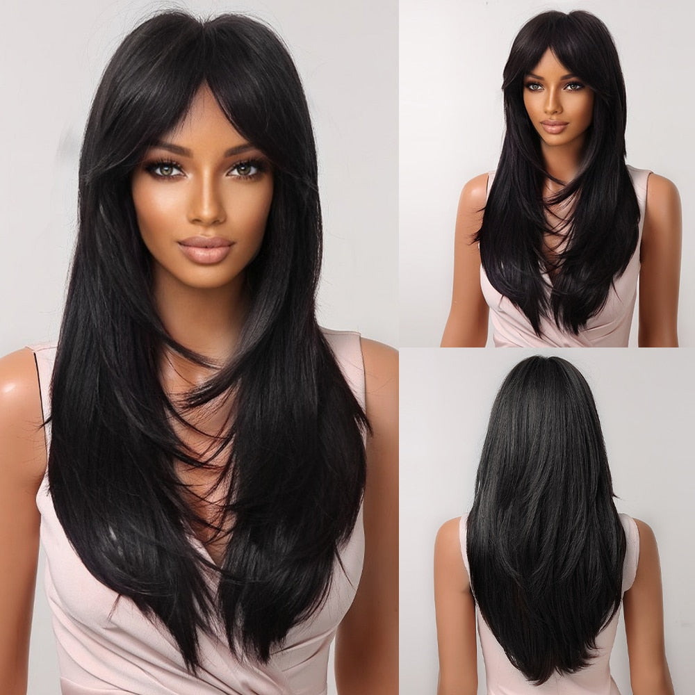 Long Straight Blonde Layered Synthetic Wigs Brown Balayage Ombre