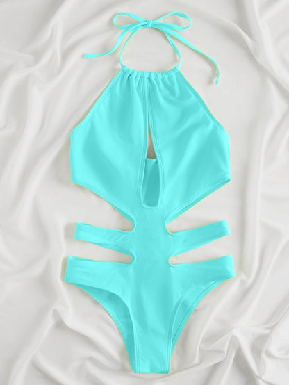 Solid Tied Halter Swimwear Women High Waist Push Up Hollow One Piece Swimsuit Monokini Summer Bathing Suit The Clothing Company Sydney