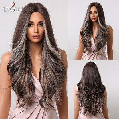 Ombre Brown Gray Ash Synthetic Long Wavy Wigs Middle Part Mixed Blonde Wig Women Daily Cosplay Heat Resistant Wigs The Clothing Company Sydney
