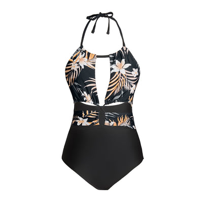 Cut Out Halter One-Piece Swimsuit Black Floral Sexy Backless Monokini Swimwear Bathing Suit Beachwear The Clothing Company Sydney