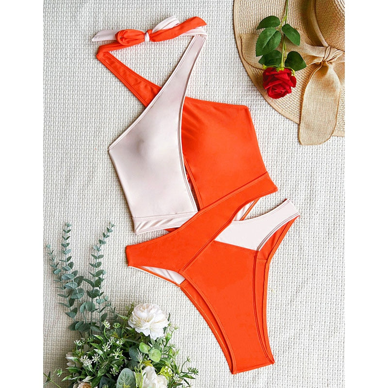 Cut Out Swimsuit One Piece Colorblock Swimwear Wrap Halter Monokini High Cut Bathing Suit Bodysuit Beachwear The Clothing Company Sydney
