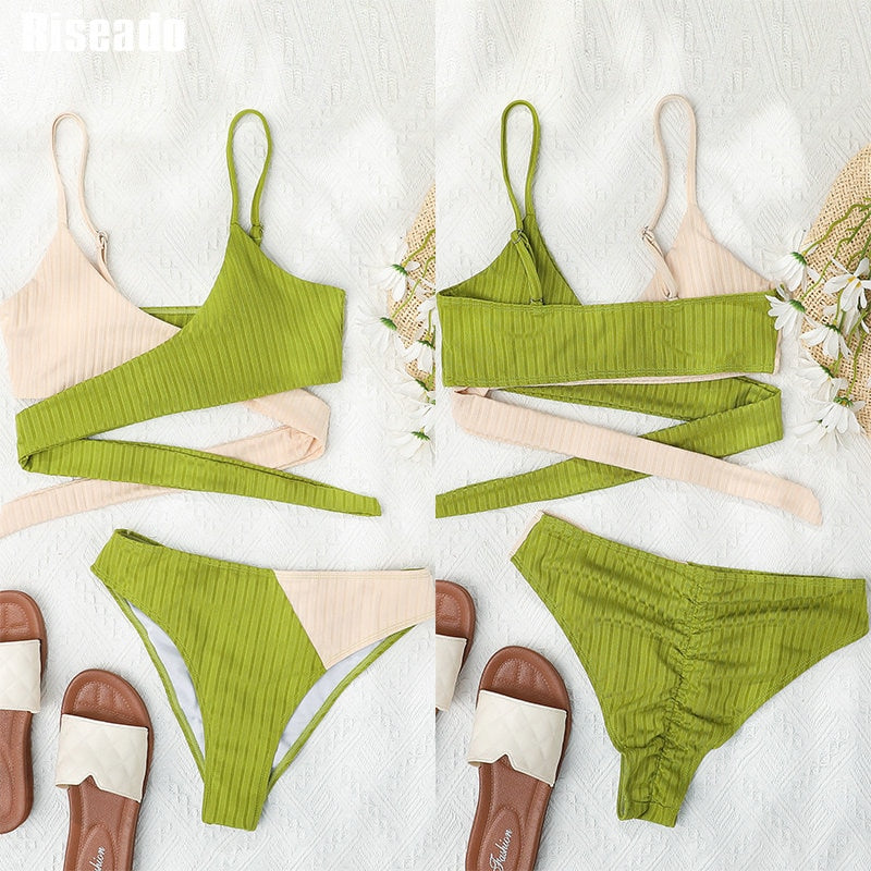 High Waist Swimsuit Ribbed Bikini Set Wrap Swimwear Colorblock Push Up Bathing Suit The Clothing Company Sydney