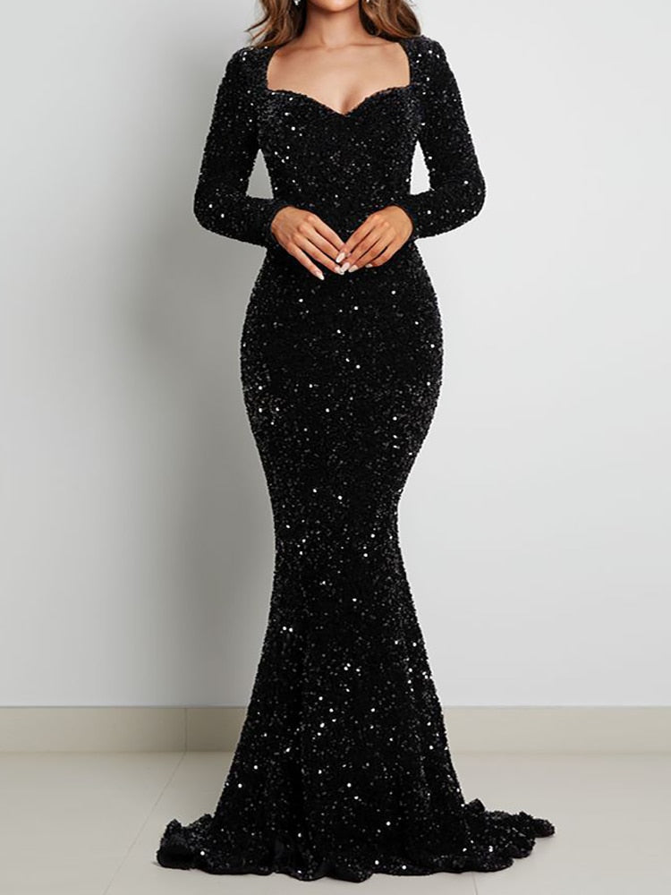 Luxury Long Sleeve Evening Gown Sequin Stretchy Velvet V Neck Mermaid Prom Floor Length Formal Cocktail Dress The Clothing Company Sydney