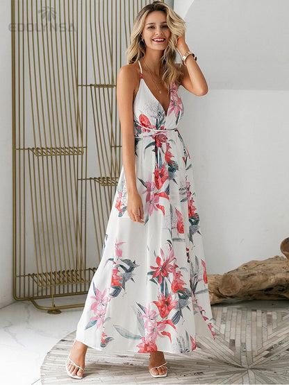 Elegant Ladies Print Spaghetti Strap Beach Holiday High Waist A-line Dress Casual Summer Split Dress The Clothing Company Sydney