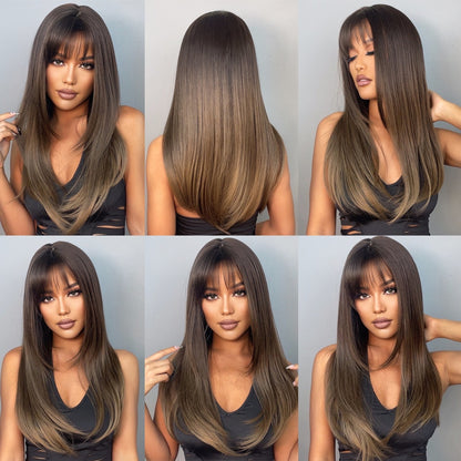 Brown Straight Synthetic Wigs with Bangs Natural Layered Hair Wigs for Women Daily Cosplay Party Heat Resistant Wigs The Clothing Company Sydney