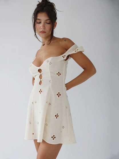 Square Neck Black White Mini Summer High Waist Short Sleeve Beachwear Bodycon Hollow Out Sundress Dress The Clothing Company Sydney