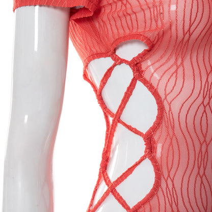 Print Hollow Out Lace Up Mini O Neck Short Sleeve See Through Summer Fairy Grunge Dress The Clothing Company Sydney