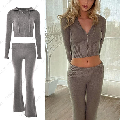 Women's Spring Outfits Casual Zipper Sweater Hoodie Set High Waist Flare Pants Suits Pink Knitted Y2k Two Piece Set The Clothing Company Sydney