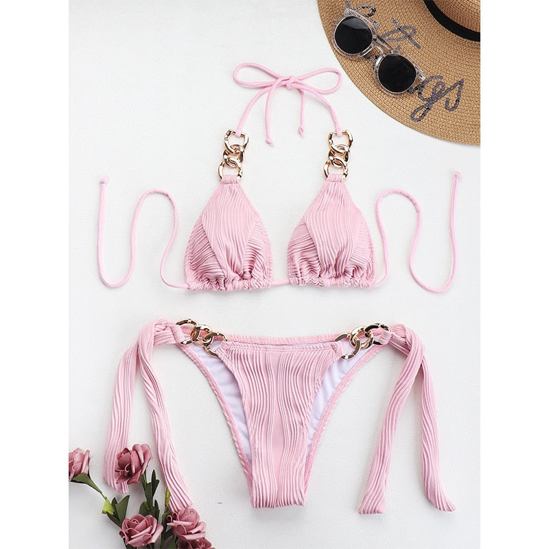 2 Piece Solid Color Drawstring Split Swimwear Ruffle Style Beachwear Matching Bandage Swimsuit Bikini Set The Clothing Company Sydney