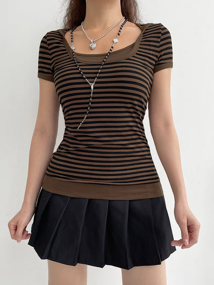 Y2K Striped Crop Top Hooded Short Sleeve T Shirt Women's Cute Retro Brown Summer Tee Casual Tshirt The Clothing Company Sydney