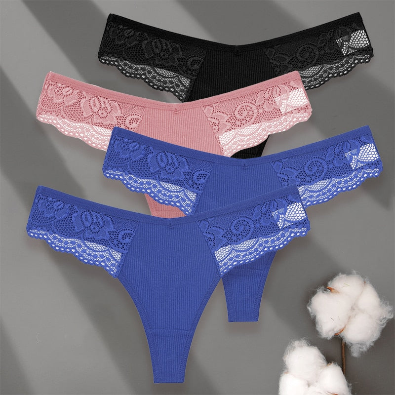 4 Pack set V-Waist Women Cotton G-string Lace Lingerie Panties Thongs Femme Underwear Underpant Intimates The Clothing Company Sydney