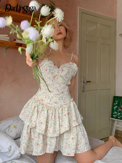 French Romantic Strap Floral Printing Summer Fashion Chic Ruffles Pleated Dress Mini Double Layer Dress The Clothing Company Sydney