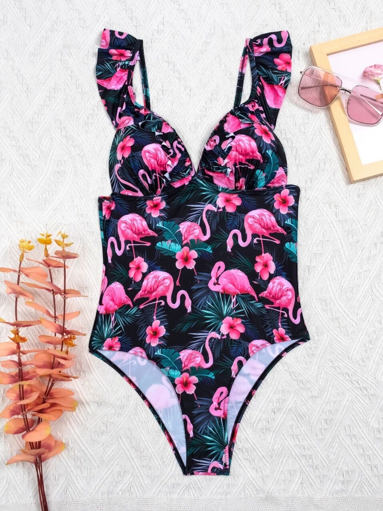 Push Up Bra High Waist V Neck Skinny Bikini Holiday Swimwear Flamingo Ruffle Print One Piece Swimsuit The Clothing Company Sydney