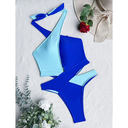 Cut Out Swimsuit One Piece Colorblock Swimwear Wrap Halter Monokini High Cut Bathing Suit Bodysuit Beachwear The Clothing Company Sydney