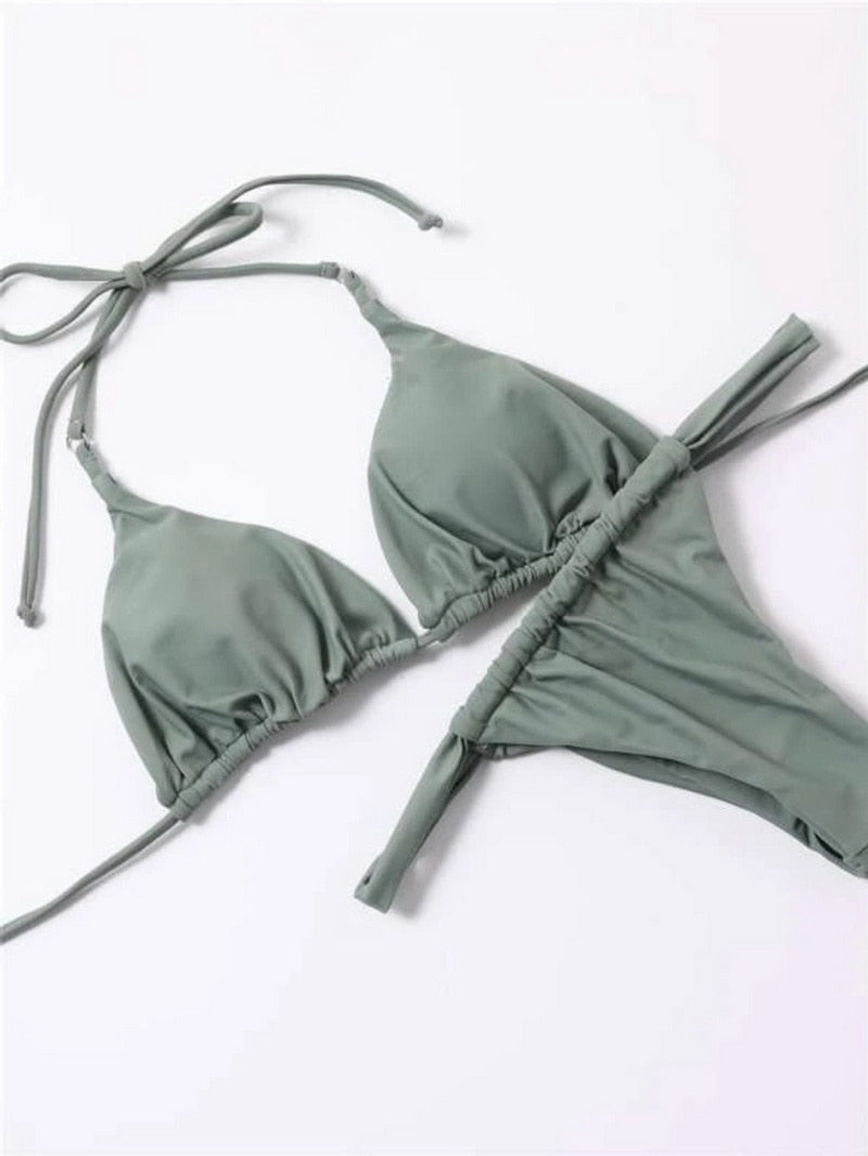 2 Piece Solid Brazilian Bikini Micro Halter Swimwear T-back Swimsuit Thong Bikini Set Bathing Suit The Clothing Company Sydney