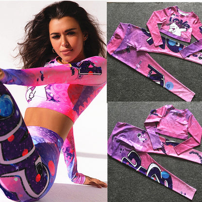 Cartoon Print Pink Two 2 Piece Long Sleeve Crop Top T Shirt Sport Pant Sportsuit Workout Active Outfit Fitness Gym Sport Sets The Clothing Company Sydney