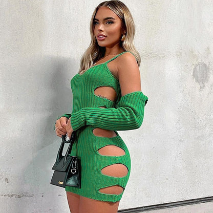 2 Piece Set Cut Out Long Sleeve Knit Dresses for Women Street Fashion Clubwear Bodycon Mini Dress The Clothing Company Sydney