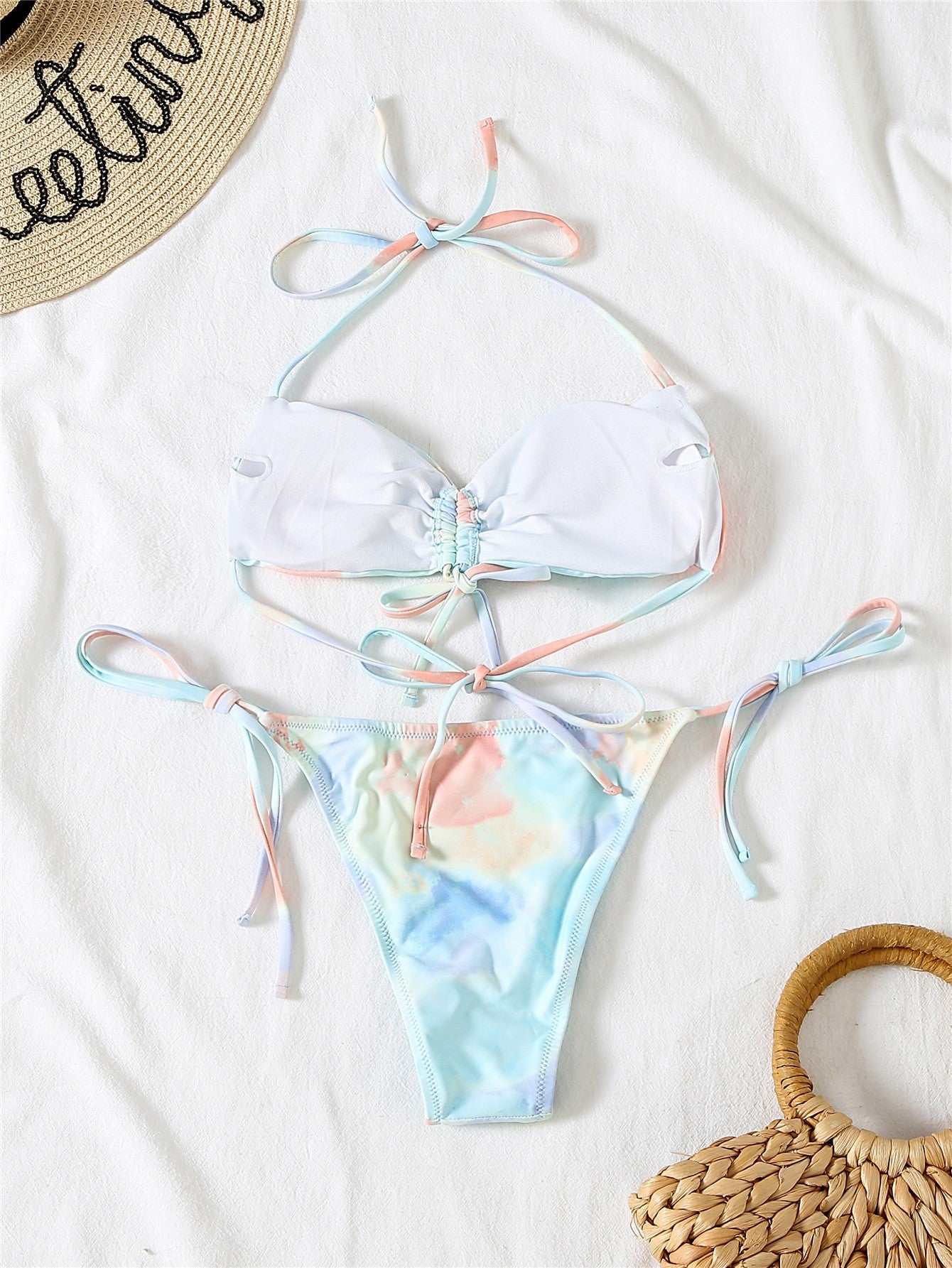 Tie Dye Drawstring Front Thong Bikini Swimsuit Two Piece Swimwear Bikini Set Summer Beach Bathing Suit The Clothing Company Sydney