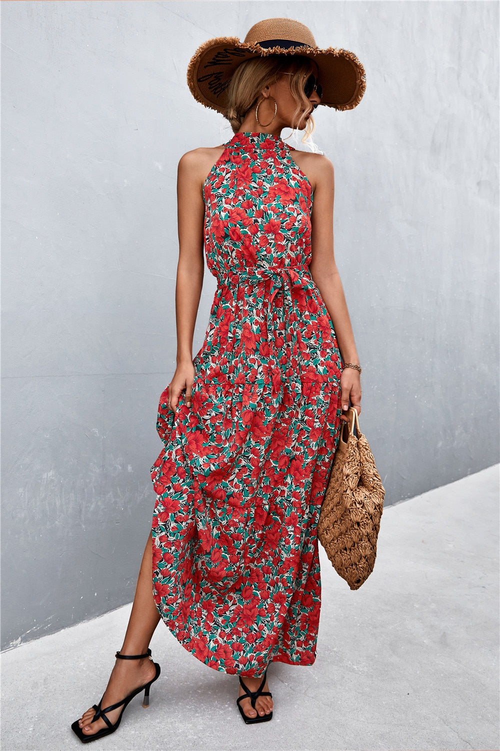 Summer Holiday Flower Printed Folds Blue Dress Beach Casual Neck-mounted Bandage Elegant Party Long Dress The Clothing Company Sydney