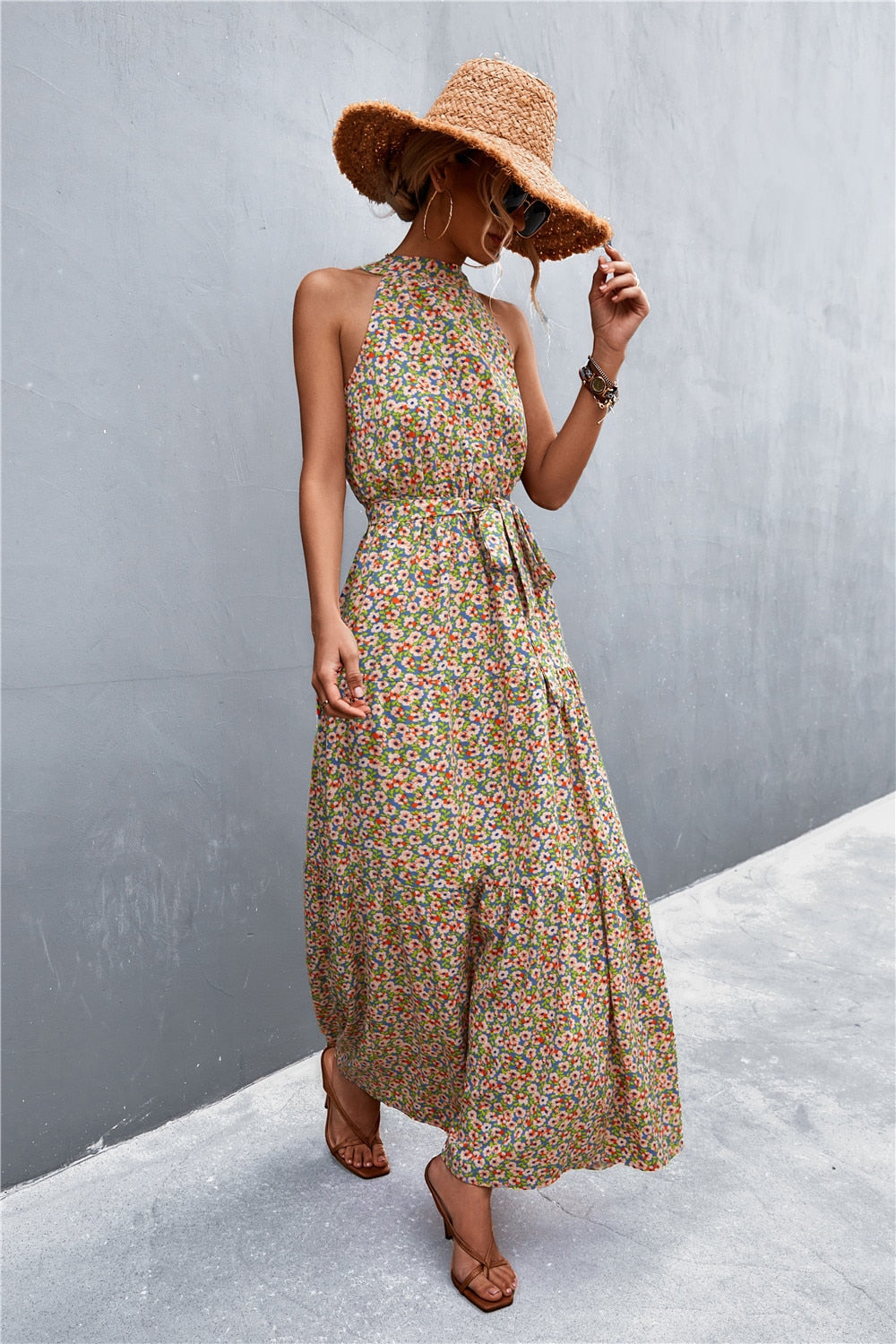 Summer Holiday Flower Printed Folds Blue Dress Beach Casual Neck-mounted Bandage Elegant Party Long Dress The Clothing Company Sydney