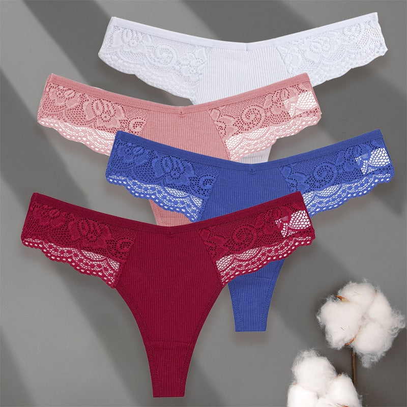 4 Pack set V-Waist Women Cotton G-string Lace Lingerie Panties Thongs Femme Underwear Underpant Intimates The Clothing Company Sydney