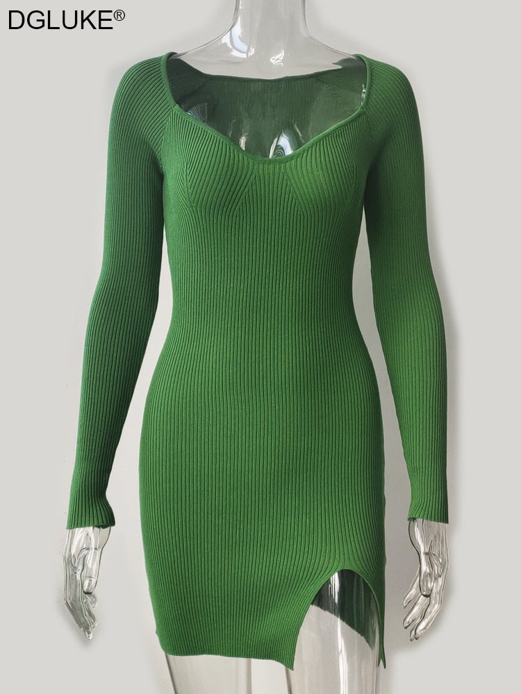 Green Long Sleeve Knitted Dress Elegant Sweetheart Neck Party Autumn Winter Bodycon Sweater Dress The Clothing Company Sydney