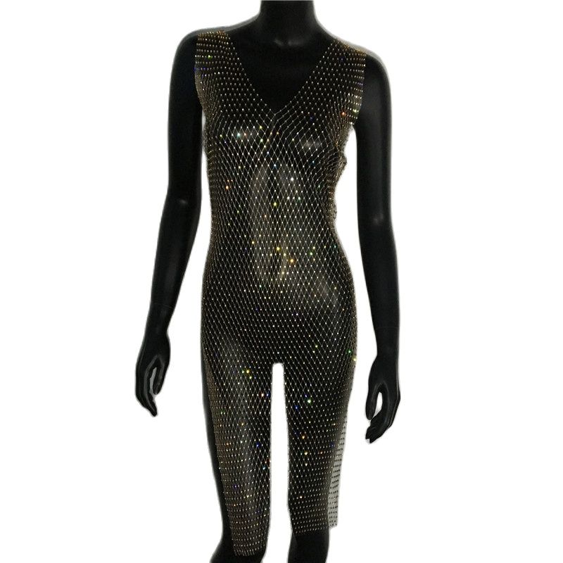 Rhinestone Mesh Party Sequins Crystal Dress Women Sexy Sleeveless Hollow Out Bodycon Outwear Nightclub Beach Dresses The Clothing Company Sydney