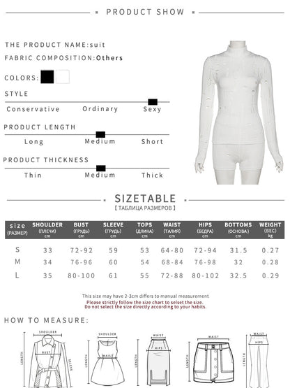 2 Piece Set Women Summer Hollow Out Sheath Long Sleeve T-Shirt+Fashion Hole Stretchy Waist Shorts Streetwear The Clothing Company Sydney