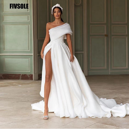 One Shoulder Bow Back Boho Bride Gowns High Side Slit Bridal Dresses Wedding Party Gowns Beach Wedding Dress The Clothing Company Sydney